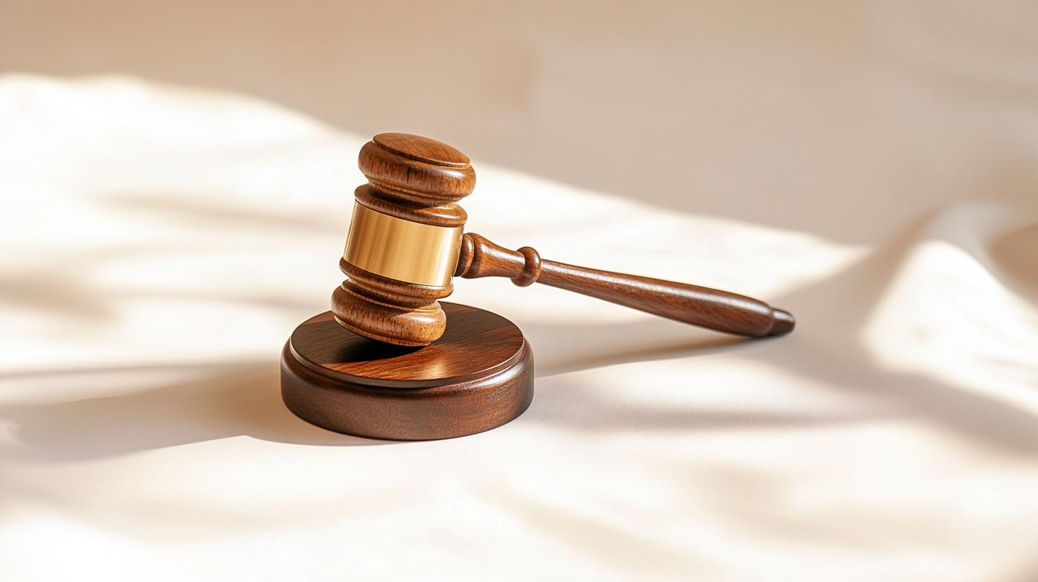 Wooden judge’s gavel resting at an angle on its sound block, illuminated by warm light on a soft beige surface.