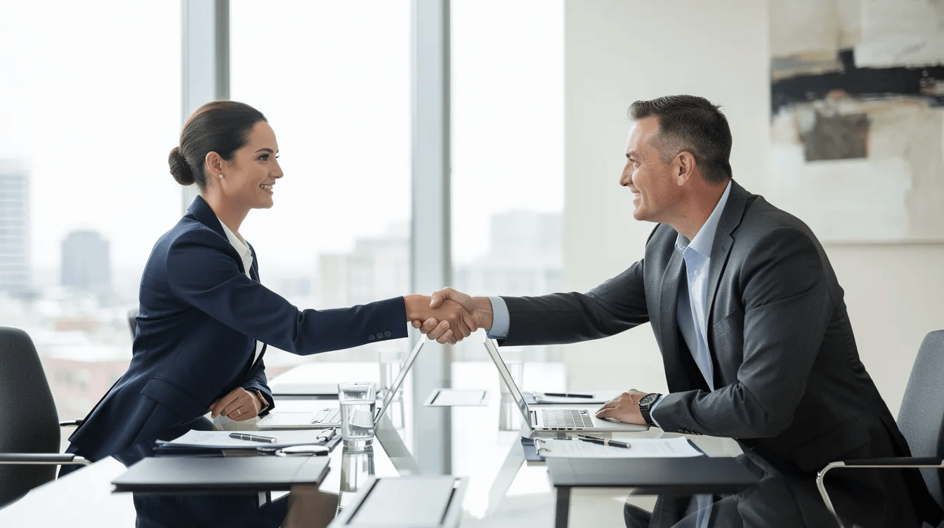 The image depicts two professionals engaged in a handshake across a sleek conference table in a modern office setting, symbolizing collaboration and agreement in family law matters such as divorce mediation and child custody. This setting reflects a professional environment conducive to resolving disputes and achieving common ground in legal processes.