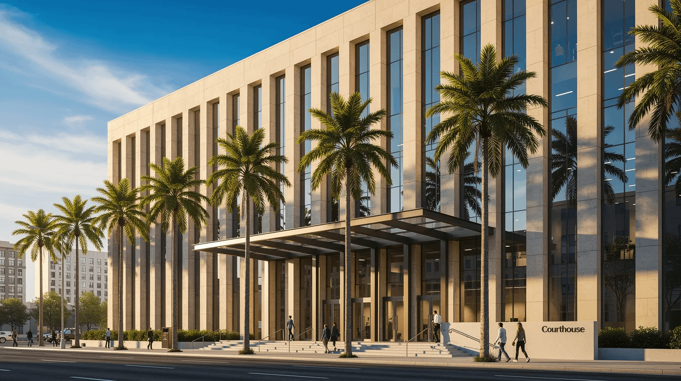 The image depicts a modern courthouse building surrounded by palm trees, symbolizing the legal process in Santa Ana, California. This setting is where family law matters, such as contested divorce and child custody disputes, are addressed within the family court system.