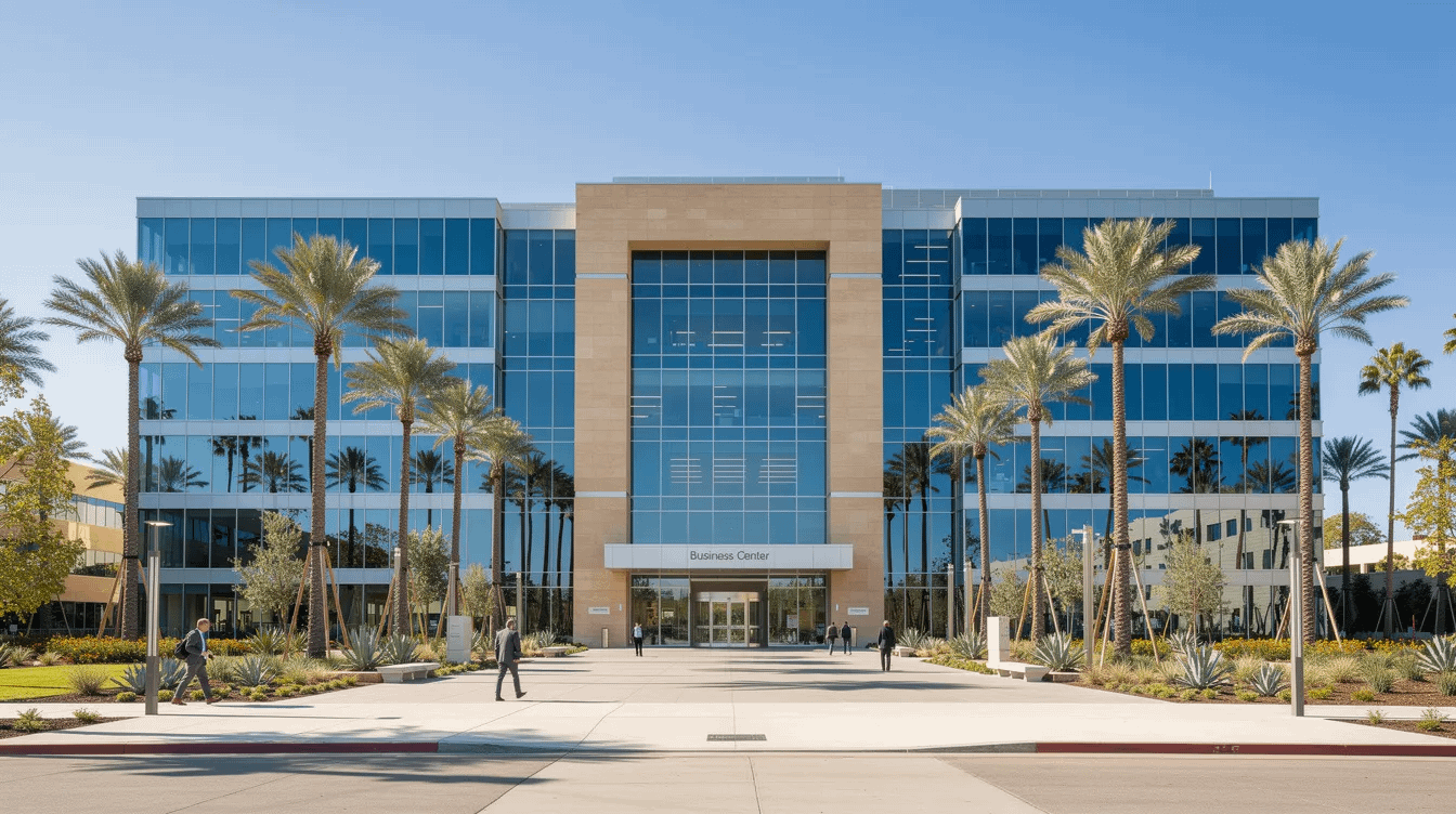 The image depicts a sleek, modern office building exterior in Southern California, symbolizing business interests and professionalism. This contemporary architecture reflects the focus on family law matters, including property division and child custody, as it houses experienced family law attorneys dedicated to serving the Costa Mesa area.