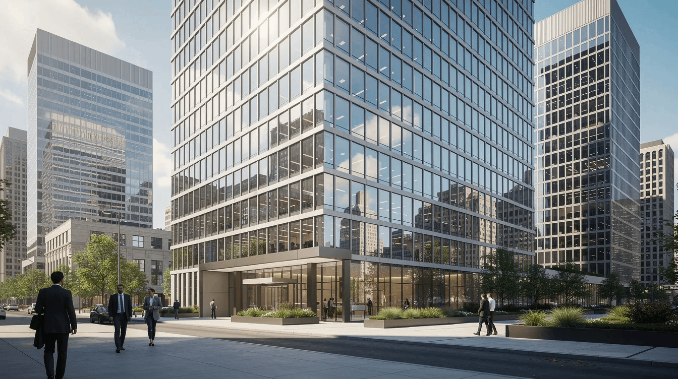 The image depicts a modern corporate office building situated in a bustling business district, characterized by sleek glass facades and contemporary architectural design. This environment is often associated with family law matters, particularly in complex property division cases, where legal assistance is sought for equitable division of marital assets and community property in a divorce process.