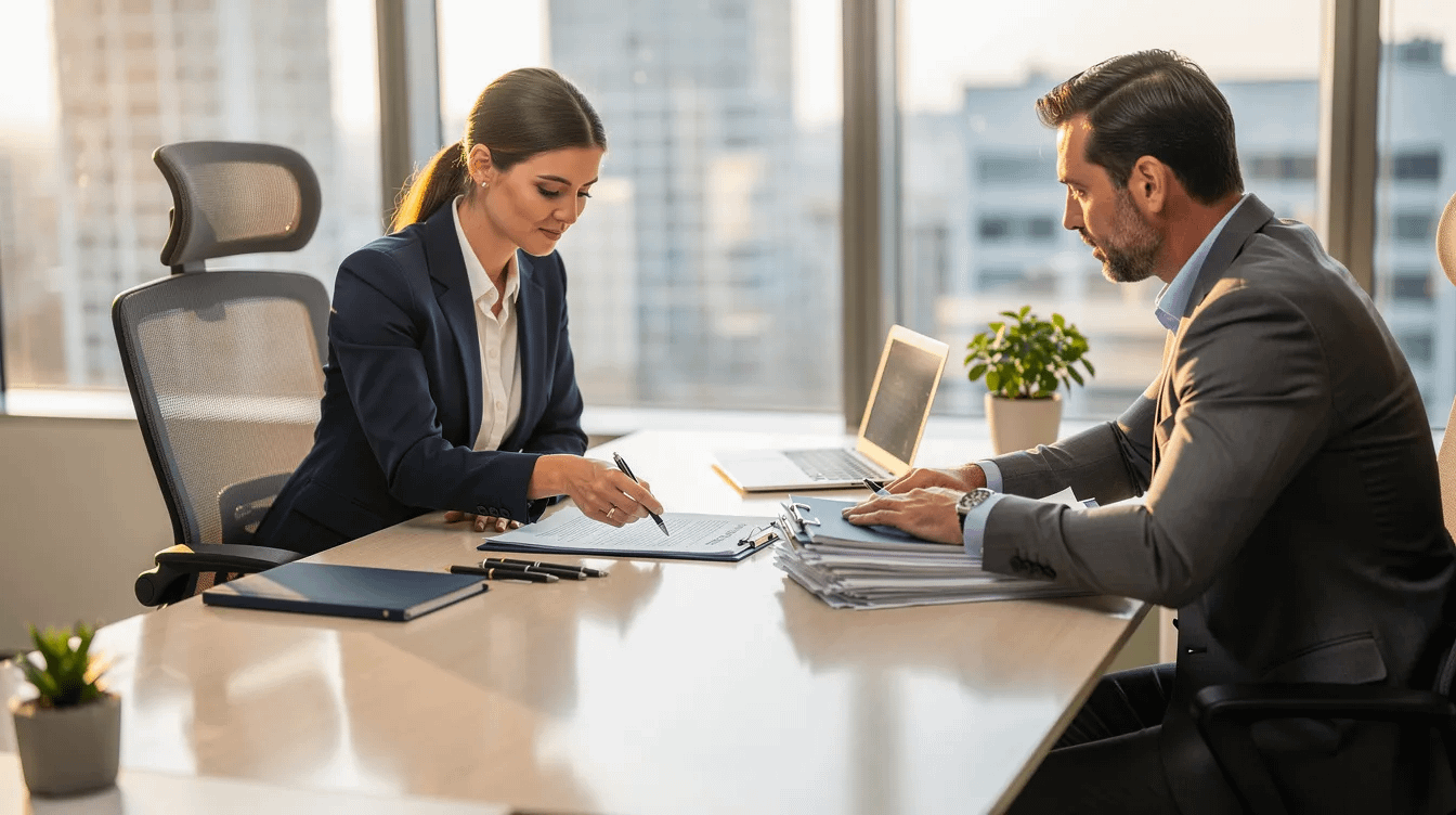 The image depicts two individuals, likely a same sex couple, sitting at a modern office desk as they review legal documents related to their divorce proceedings. The setting suggests a law office atmosphere, emphasizing the importance of family law matters such as child custody arrangements and property division.