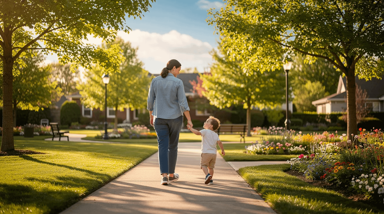 A parent is walking hand-in-hand with a young child through a sunny neighborhood park, surrounded by trees and vibrant greenery, showcasing a joyful moment that emphasizes the importance of family and the well-being of children in custody matters. This scene reflects the essence of parenting plans and the emotional connections that are often central in child custody disputes.