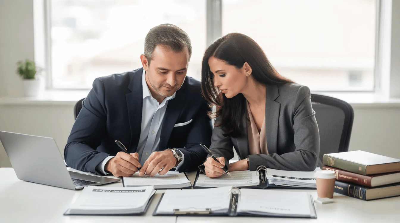 A professional couple is seated at a desk, carefully reviewing legal documents related to their postnuptial agreement, emphasizing the importance of financial responsibilities and asset protection under California community property laws. The atmosphere suggests a collaborative approach to discussing their future and ensuring legal protection for their marital assets.