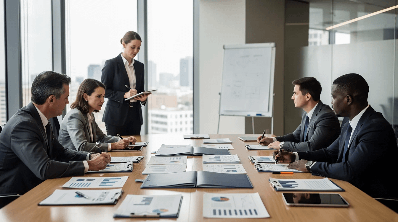 The image depicts a professional meeting in an office setting, with various documents related to child custody matters spread across the table. Participants, likely family law attorneys, are engaged in discussion, emphasizing the importance of legal custody and child custody decisions in Tustin, California.