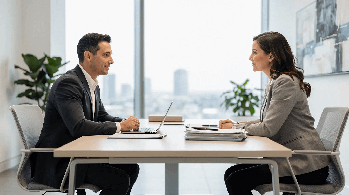 A professional family law attorney is meeting with a client in a modern law office, discussing important family law matters such as child custody and spousal support. The attorney, recognized as a trusted advocate, provides personalized legal representation to navigate the complexities of divorce proceedings and ensure the best interests of the client are prioritized.