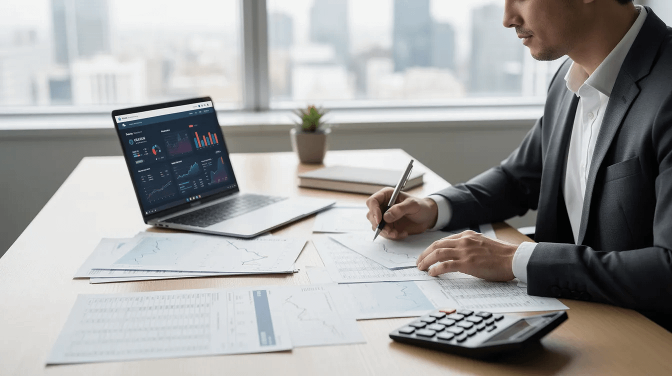 A professional, seated at a desk, is intently reviewing financial documents alongside a laptop and a calculator, highlighting the importance of uncovering hidden assets during property division cases. This scene emphasizes the complexities of financial matters in divorce proceedings, where understanding community property and marital assets is crucial for a fair outcome.