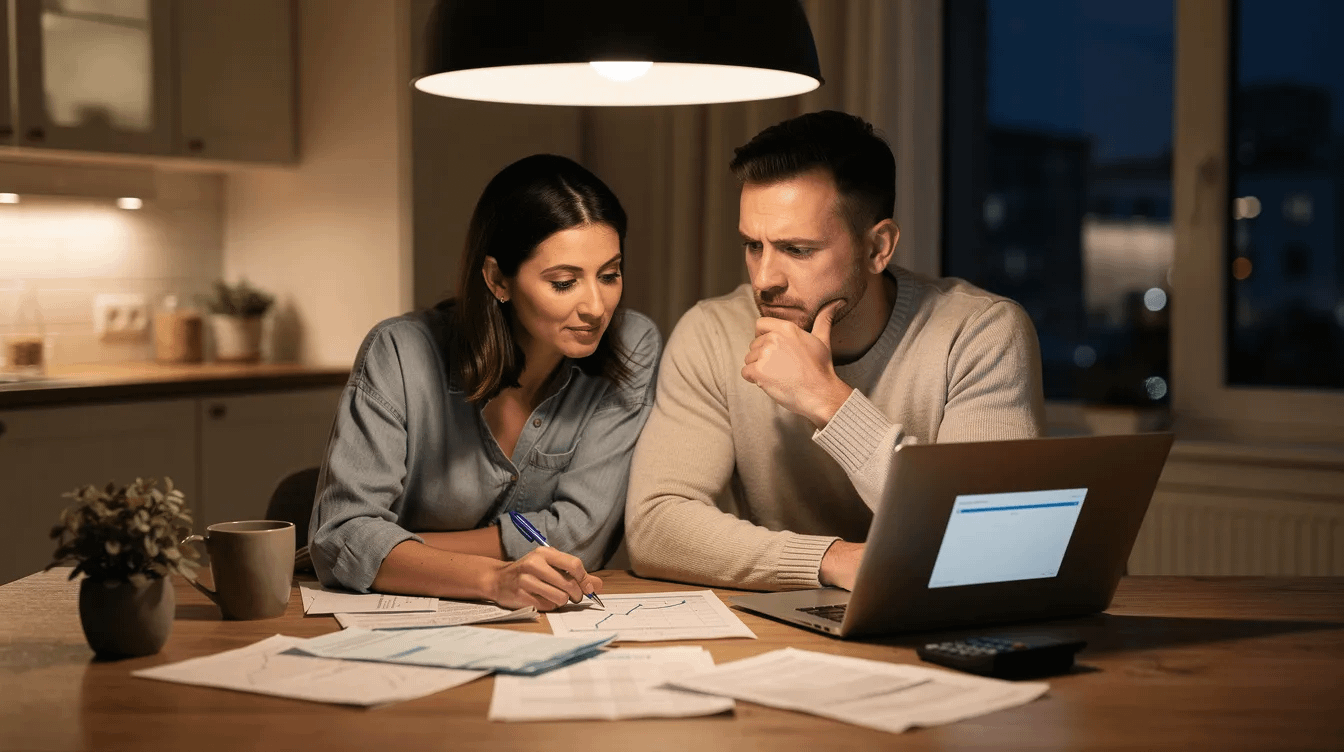 A couple is seated at a dining table, engaged in a serious discussion while reviewing financial documents, likely related to their marital property and child custody arrangements. This scene highlights the importance of legal guidance from an experienced family law attorney as they navigate family law matters.