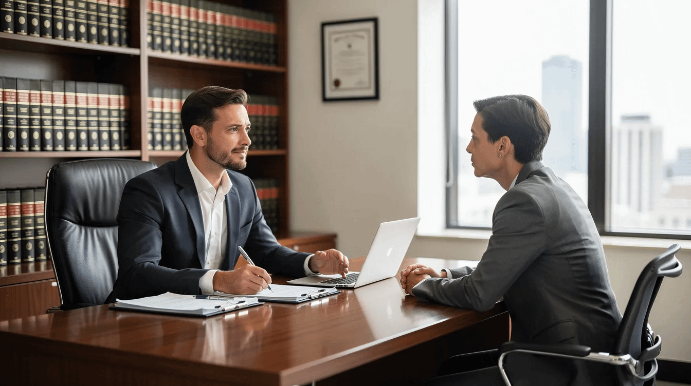 The image depicts a professional office meeting between an experienced family law attorney and a client, discussing important family law matters such as child custody and establishing paternity. The setting suggests a focus on legal guidance and strategies to navigate custody arrangements and paternity disputes in California courts.