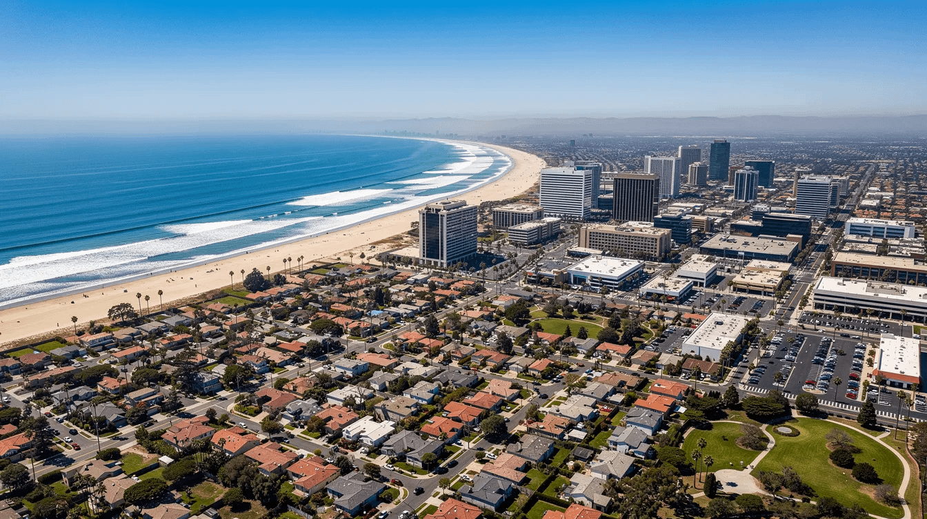 The image depicts an aerial view of the Orange County coastal area, showcasing a mix of residential neighborhoods and bustling business districts. This vibrant landscape reflects the community's diverse assets and properties, which may be significant in high net worth divorce proceedings and community property division.