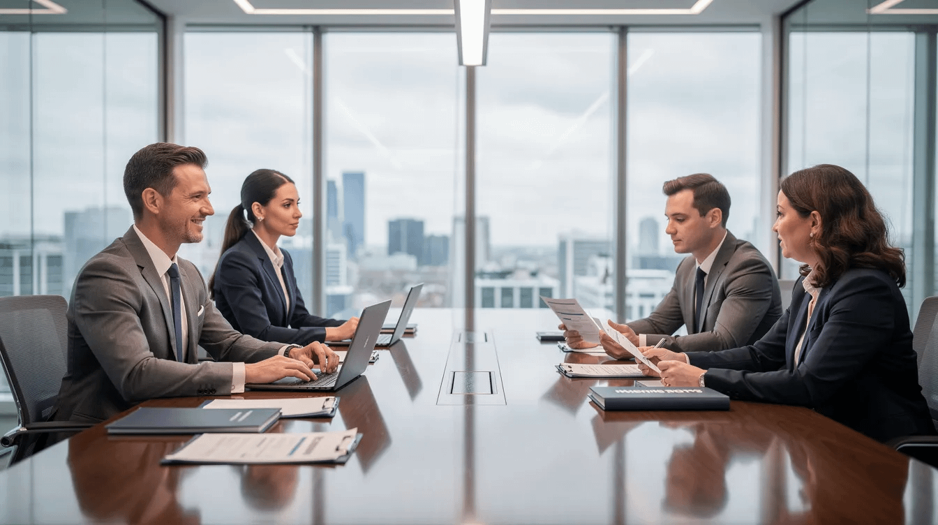 The image depicts a professional office meeting where family law attorneys are discussing the divorce process with clients, focusing on complex financial portfolios and the division of significant assets such as business interests and retirement accounts. The atmosphere reflects a serious yet collaborative approach to navigating high net worth divorce issues, including child custody disputes and property division under California's community property laws.