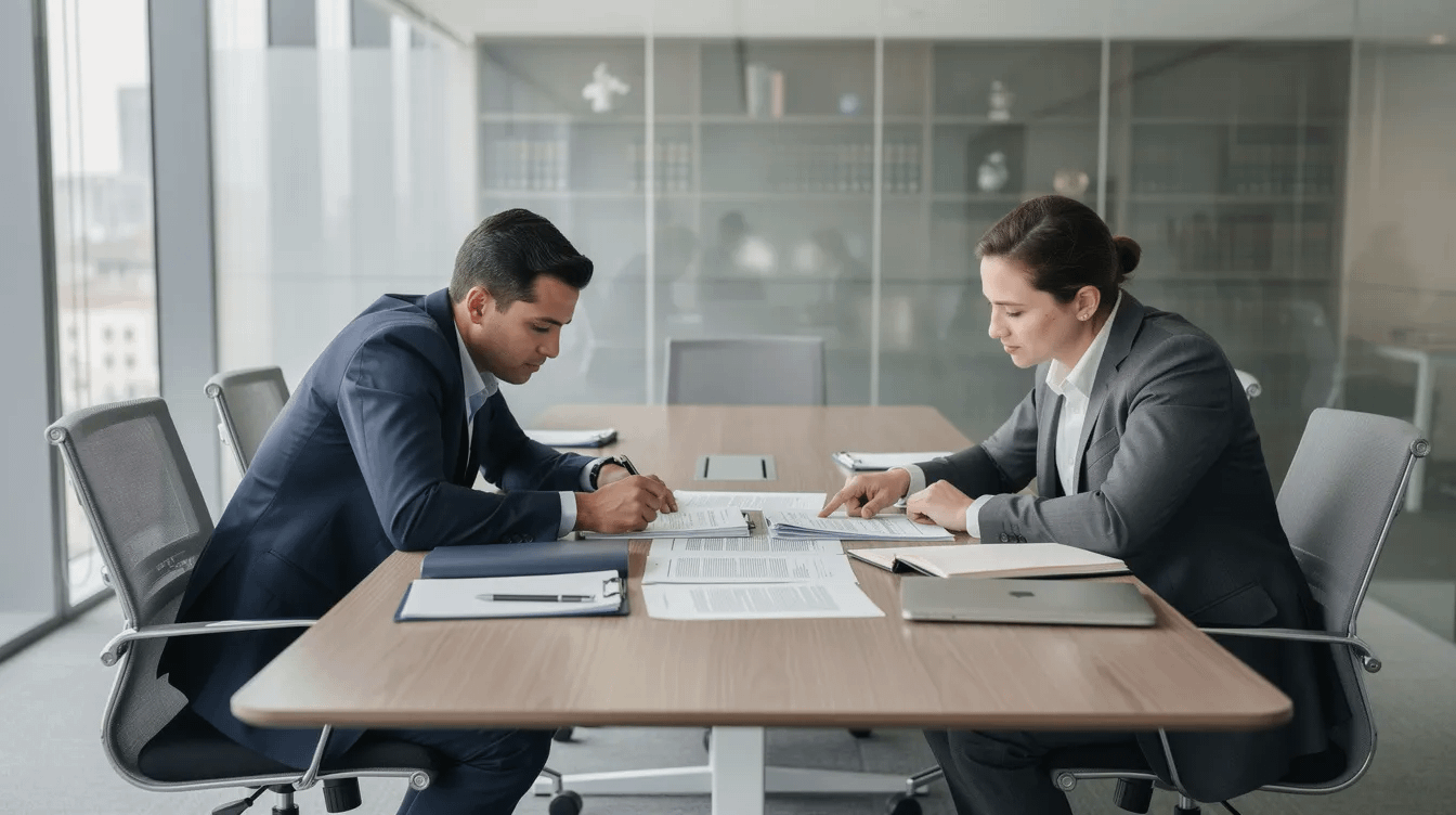The image depicts a professional meeting in a modern law office, where two individuals are focused on reviewing documents at a sleek conference table, likely discussing complex property division and marital assets in the context of high net worth divorce proceedings. The setting suggests a collaborative environment for navigating legal matters related to divorce, financial security, and community property under California law.