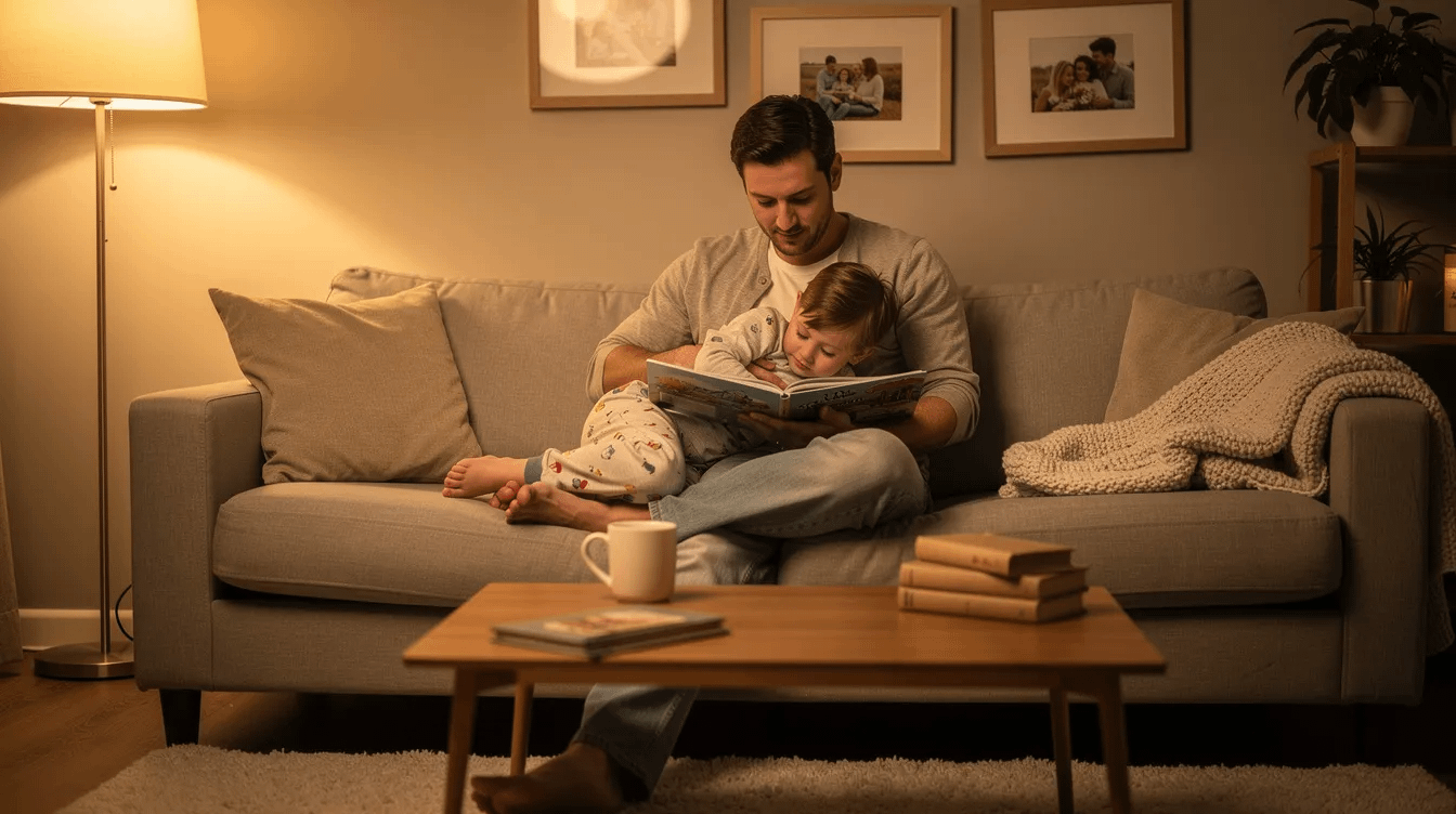 The image depicts a parent reading a story to a child in a cozy living room, filled with soft lighting and comfortable furniture, creating a nurturing environment that emphasizes the importance of family bonding. This scene resonates with family law matters, highlighting the positive relationships that can be fostered during child custody agreements.