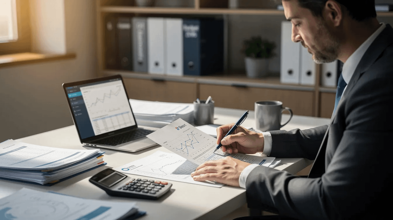 A person is sitting at a desk, intently reviewing a stack of financial documents, possibly related to family law matters such as spousal support arrangements or property division. The scene suggests a focus on navigating the legal process, highlighting the importance of seeking legal advice from experienced family law attorneys in Santa Ana, CA.