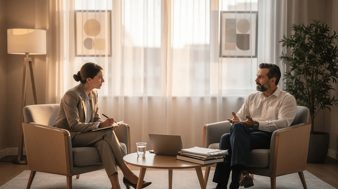 The image depicts two professionals engaged in a consultation meeting within a comfortable office setting, discussing family law matters. The atmosphere is positive, promoting open communication as they work closely to navigate legal issues related to child custody and property division.