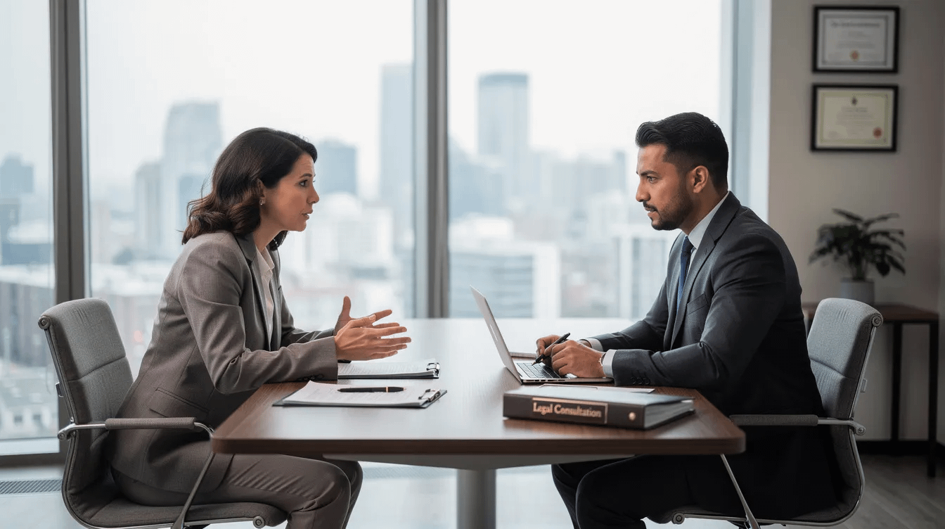 The image depicts a professional consultation between an attorney and a client in a modern office setting, where they discuss family law issues such as spousal support and divorce proceedings. The attorney, a certified family law specialist, provides legal expertise to help the client navigate their legal journey.