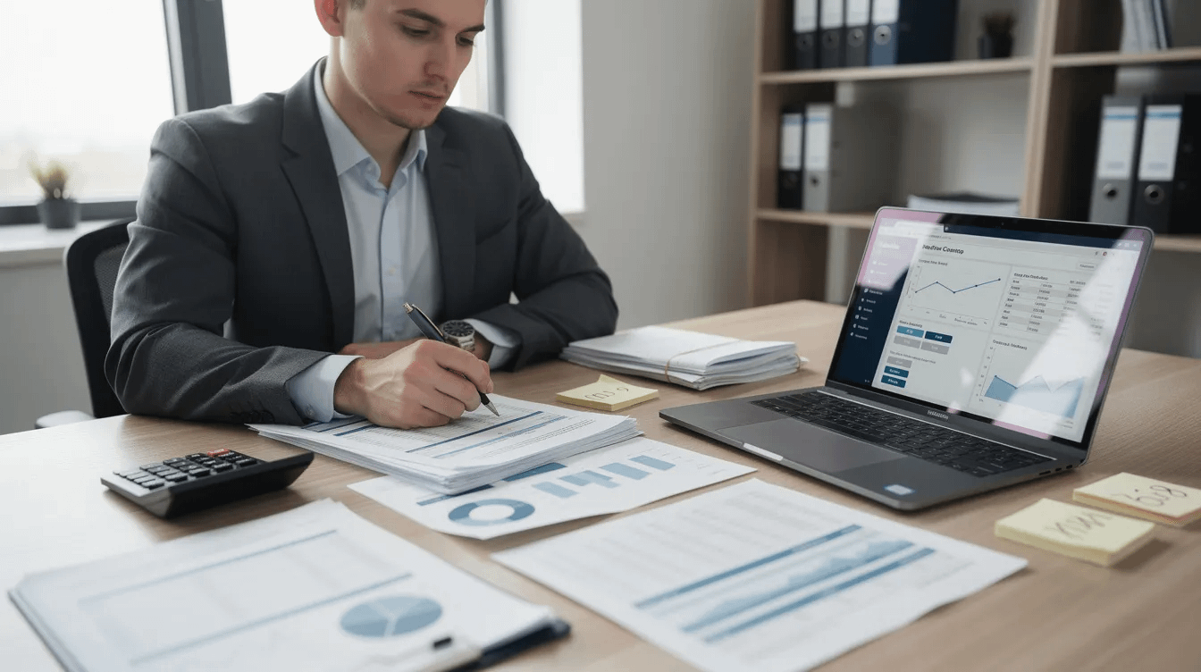 An experienced family law attorney is seated at a desk, meticulously reviewing financial documents related to property division and marital assets. The workspace is organized, with papers outlining community property and separate property, highlighting the importance of thorough legal representation during the divorce process in Orange County.