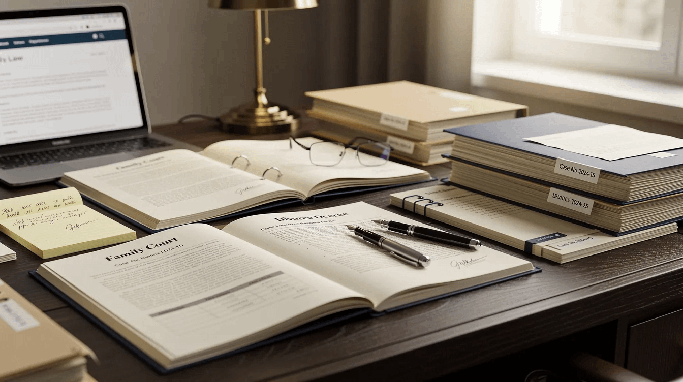 The image depicts a professional desk cluttered with legal documents and family law case files, highlighting various aspects of family law, including spousal support and child custody matters. This setting reflects the organized environment of family law attorneys as they navigate the complexities of divorce proceedings and legal representation.