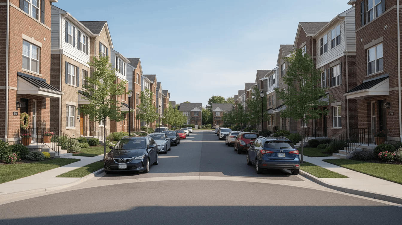 The image shows a quiet residential neighborhood street lined with townhomes and parked cars, creating a serene atmosphere. This setting contrasts with the serious issues surrounding domestic violence cases, where legal professionals navigate the complexities of family law matters and protective orders for the safety of alleged victims.