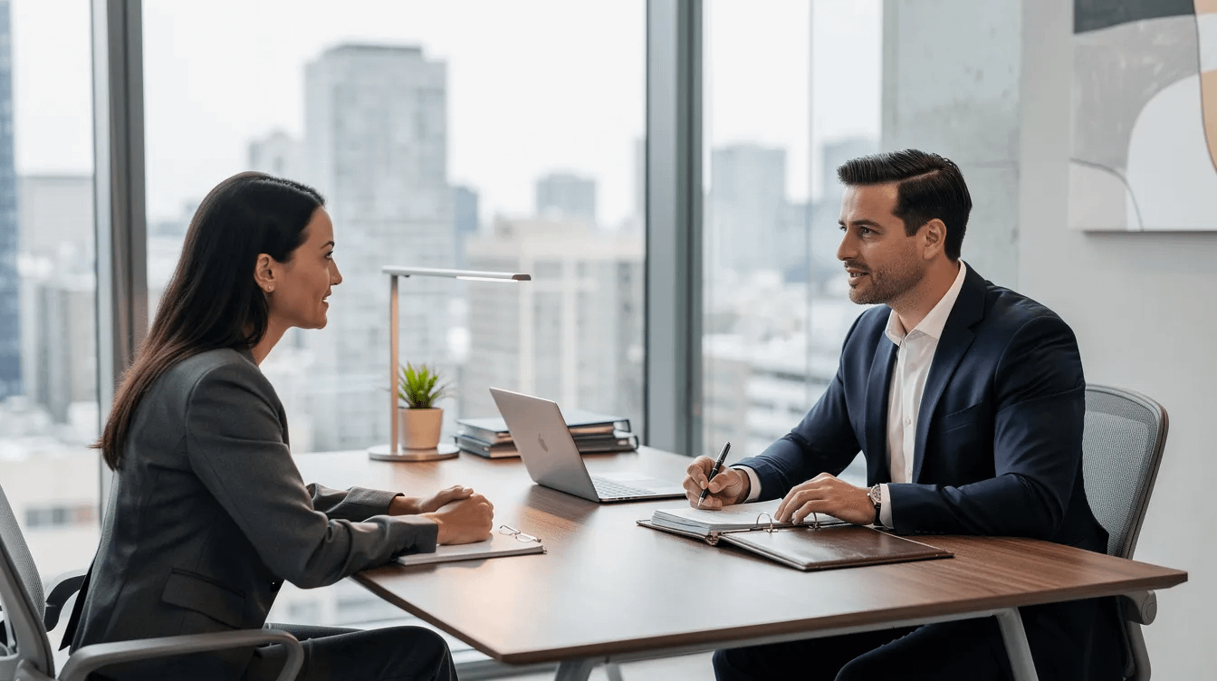 The image depicts a professional meeting between an attorney and a client in a modern office setting, discussing complex property division related to family law matters. The attorney provides legal assistance on issues such as community property, marital assets, and the divorce process, ensuring the client understands their rights regarding property ownership and asset division.