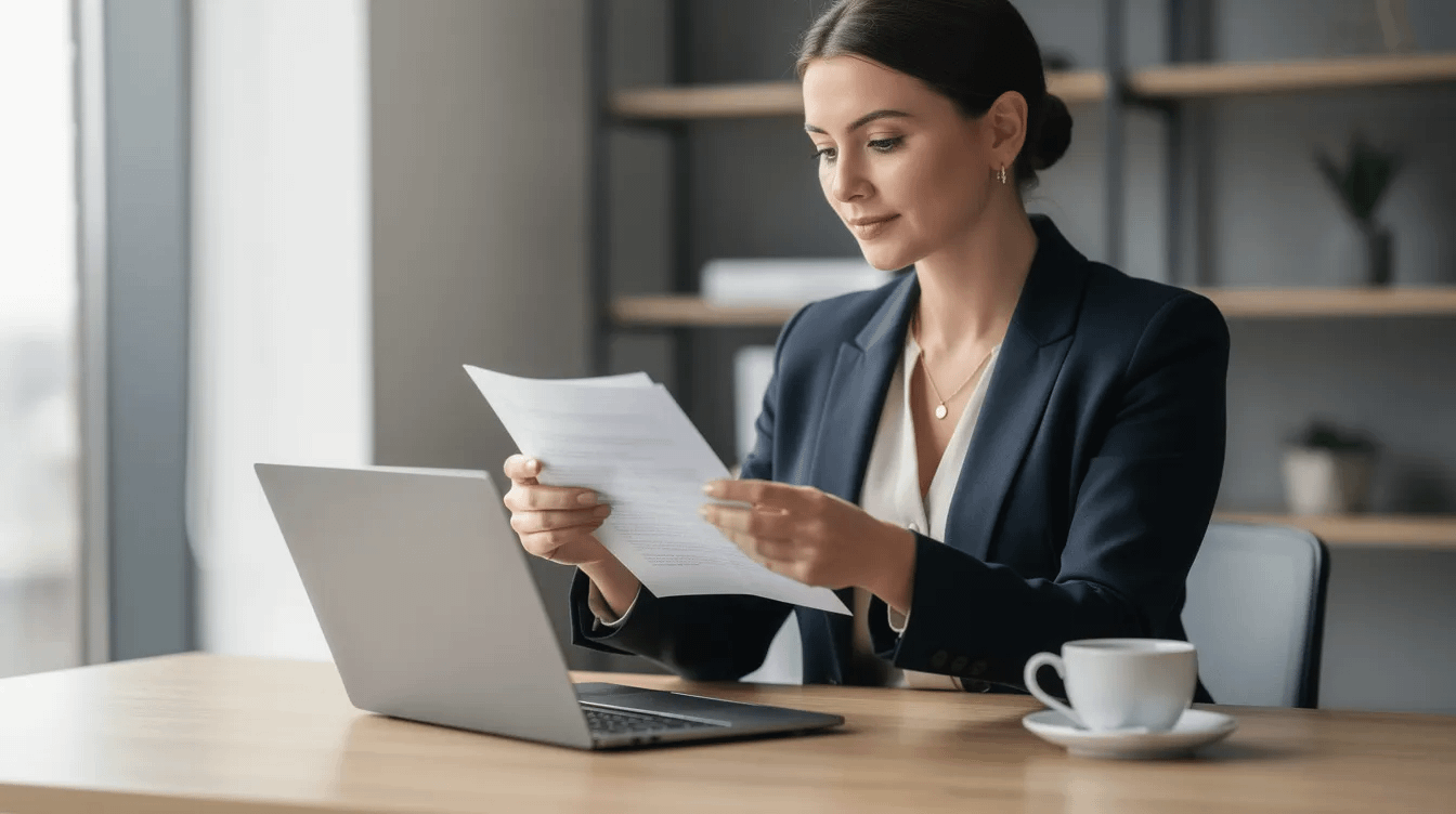 A professional woman is seated at a desk, intently reviewing documents while a laptop and a coffee cup are nearby. This scene suggests a focus on family law matters, such as divorce mediation and child custody, highlighting the importance of informed choices and conflict resolution in legal processes.