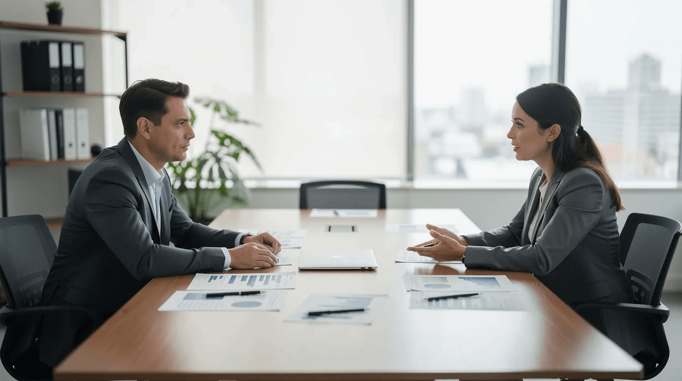The image shows a professional office setting where two individuals are engaged in a calm discussion across a table filled with legal documents. This scene reflects a mediation session, possibly related to family law matters such as child custody or divorce mediation, emphasizing the importance of resolving disputes amicably.