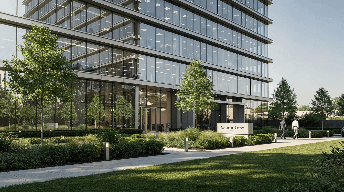 The image depicts a modern office building with sleek glass windows surrounded by well-maintained landscaping, conveying a professional atmosphere. This setting may serve as a hub for high net worth divorce attorneys in Orange County, who navigate complex property division and asset valuation during divorce proceedings.