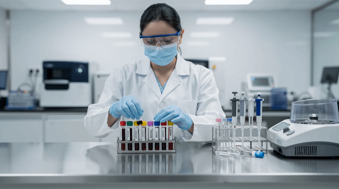 A medical laboratory technician is seen carefully handling test samples in a clinical setting, showcasing the importance of accurate DNA testing in paternity cases. This process is crucial for establishing legal parentage and can significantly impact child support and custody arrangements for both unmarried parents and their children.