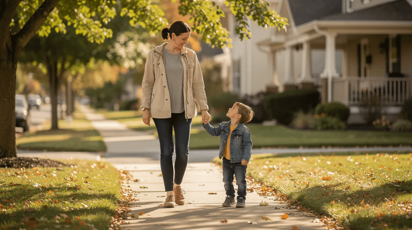 A parent walks hand-in-hand with a young child along a tree-lined sidewalk in a neighborhood, showcasing a peaceful family moment. This scene reflects the importance of family law matters, such as child custody and support, that can arise during divorce processes in Costa Mesa and throughout California.