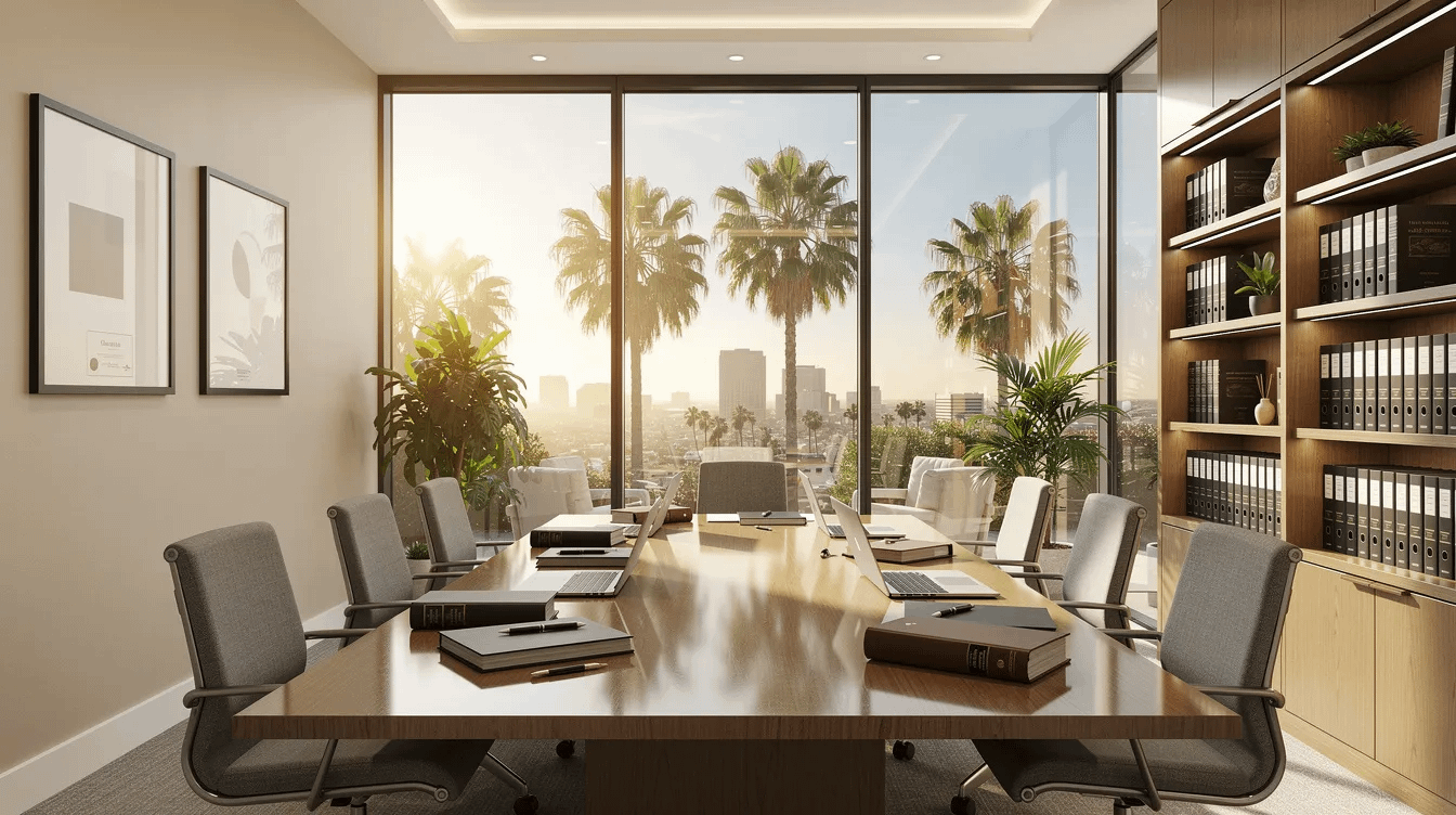 The image depicts a modern law office in Southern California, featuring a sleek and professional interior with contemporary furniture and decor. This setting is ideal for discussions about important legal matters such as prenuptial and postnuptial agreements, where clients can receive guidance from a family law attorney on financial responsibilities and asset protection.