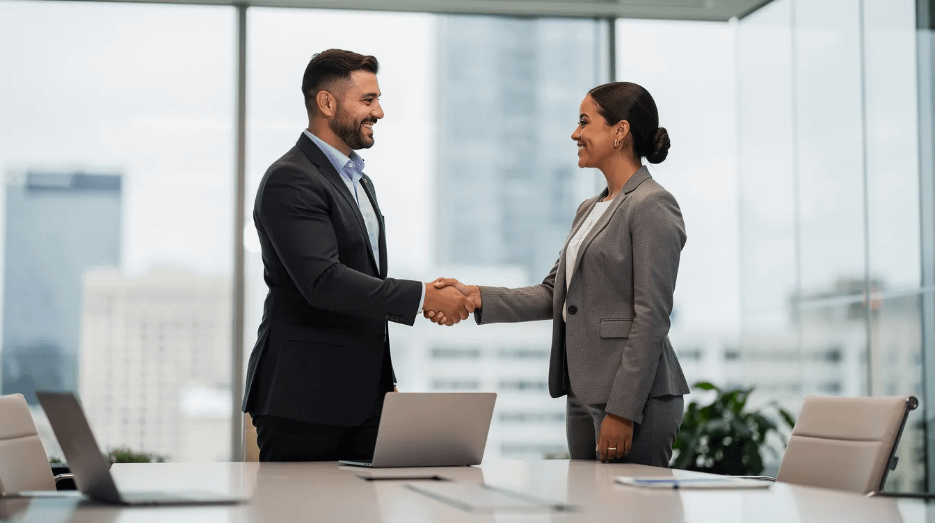 The image depicts two professionals shaking hands in a modern office, symbolizing collaboration and agreement, possibly related to family law matters such as child custody disputes or legal representation in custody arrangements. This moment reflects the importance of legal expertise in navigating family law cases effectively.