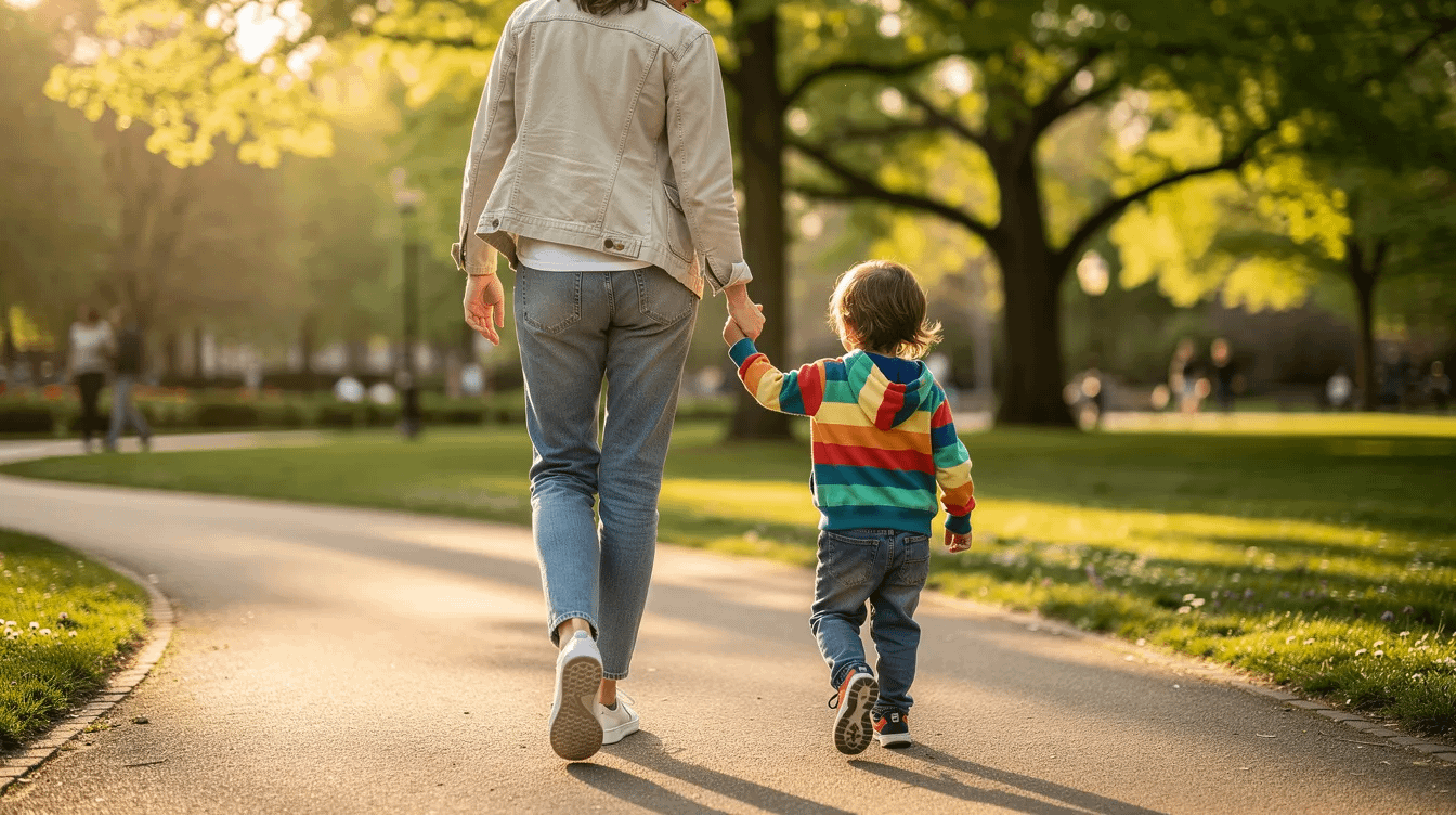 A parent is gently holding the hand of a young child as they stroll through a serene park, surrounded by greenery and sunlight. This image captures a moment of connection and support, reflecting the importance of parental rights and child custody in family law, especially for same sex couples navigating their unique circumstances.
