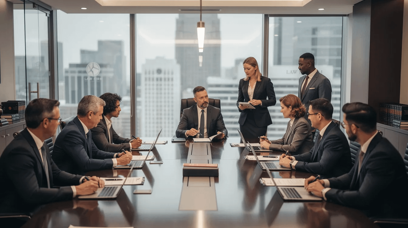 The image depicts a professional conference room where a group of attorneys is engaged in a discussion, likely focusing on complex property division and asset protection strategies for high net worth clients. The setting suggests an environment for strategic negotiation regarding financial interests and legal obligations within the context of California family law.