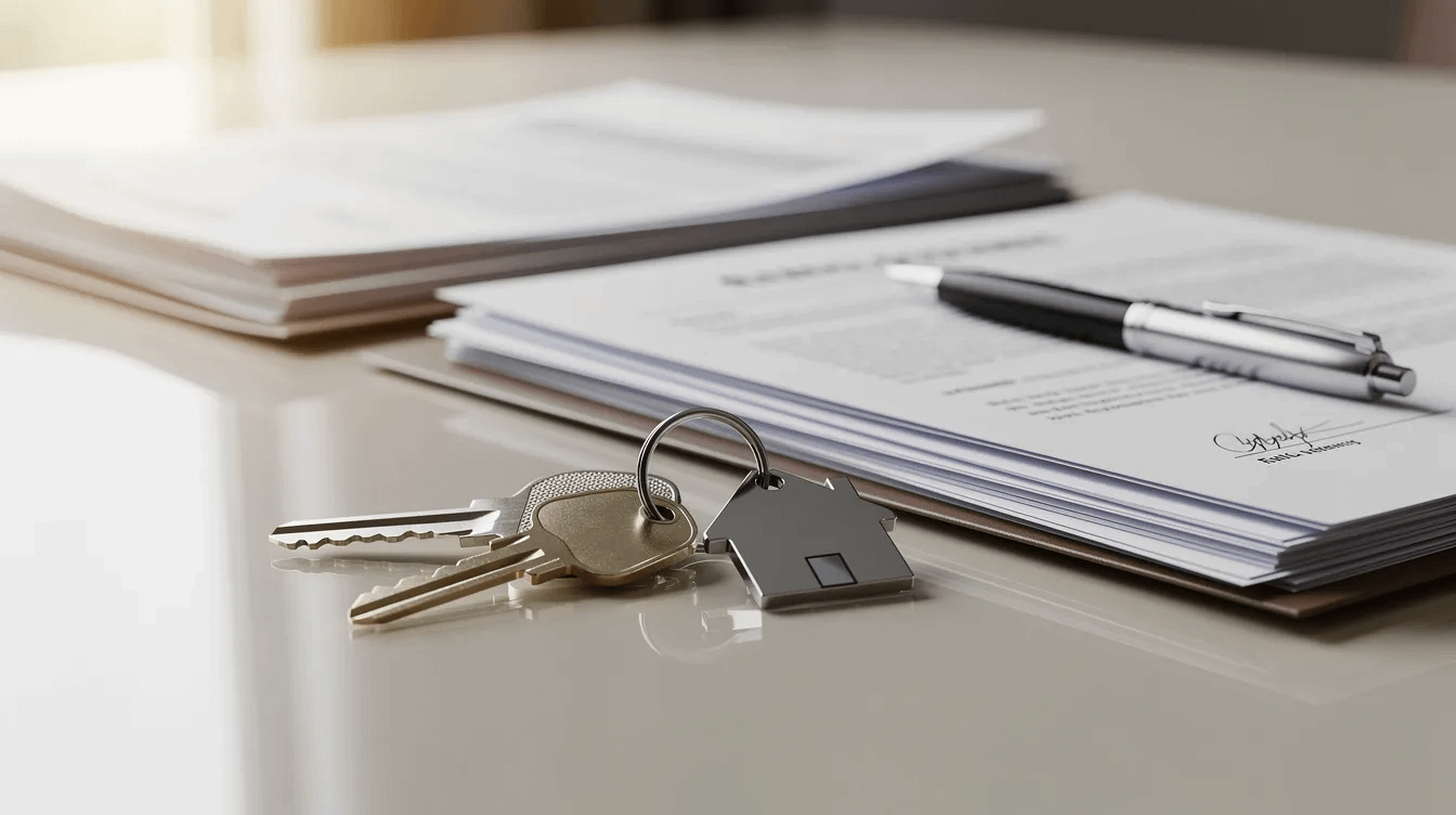 The image shows a set of house keys resting on a real estate closing table, surrounded by various documents related to the legal process of property transfer. This scene represents a significant moment in family law matters, often involving experienced family law attorneys to ensure a favorable outcome during divorce or legal separation in Irvine, CA.