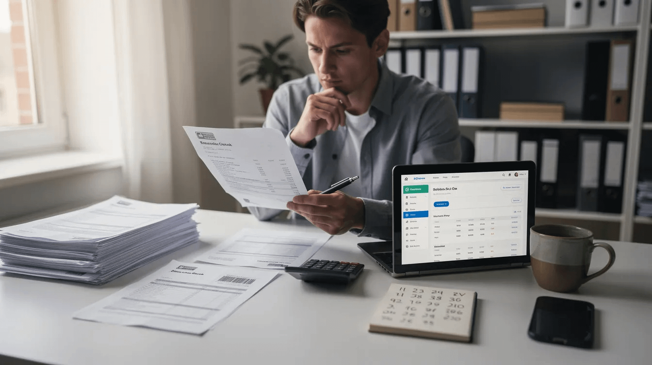 A person is seated at a desk, carefully reviewing bank statements and various financial documents, which may include records of marital assets and income declarations, as part of the divorce process. This scene highlights the importance of understanding property division laws and financial matters in family law cases, especially in a community property state like California.