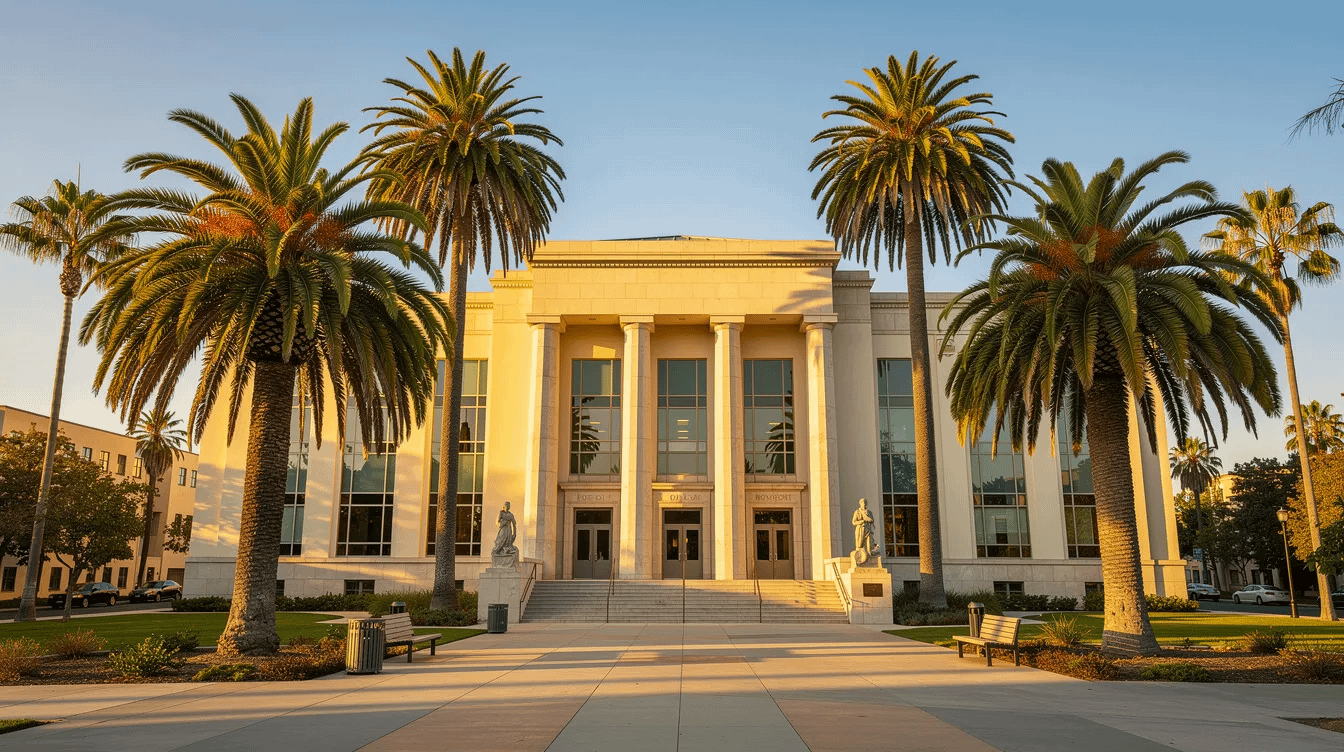 The image shows the exterior of a California courthouse surrounded by palm trees, representing a location where family law matters, including domestic violence cases, are addressed. This setting highlights the importance of legal representation for domestic violence victims in Costa Mesa, CA.