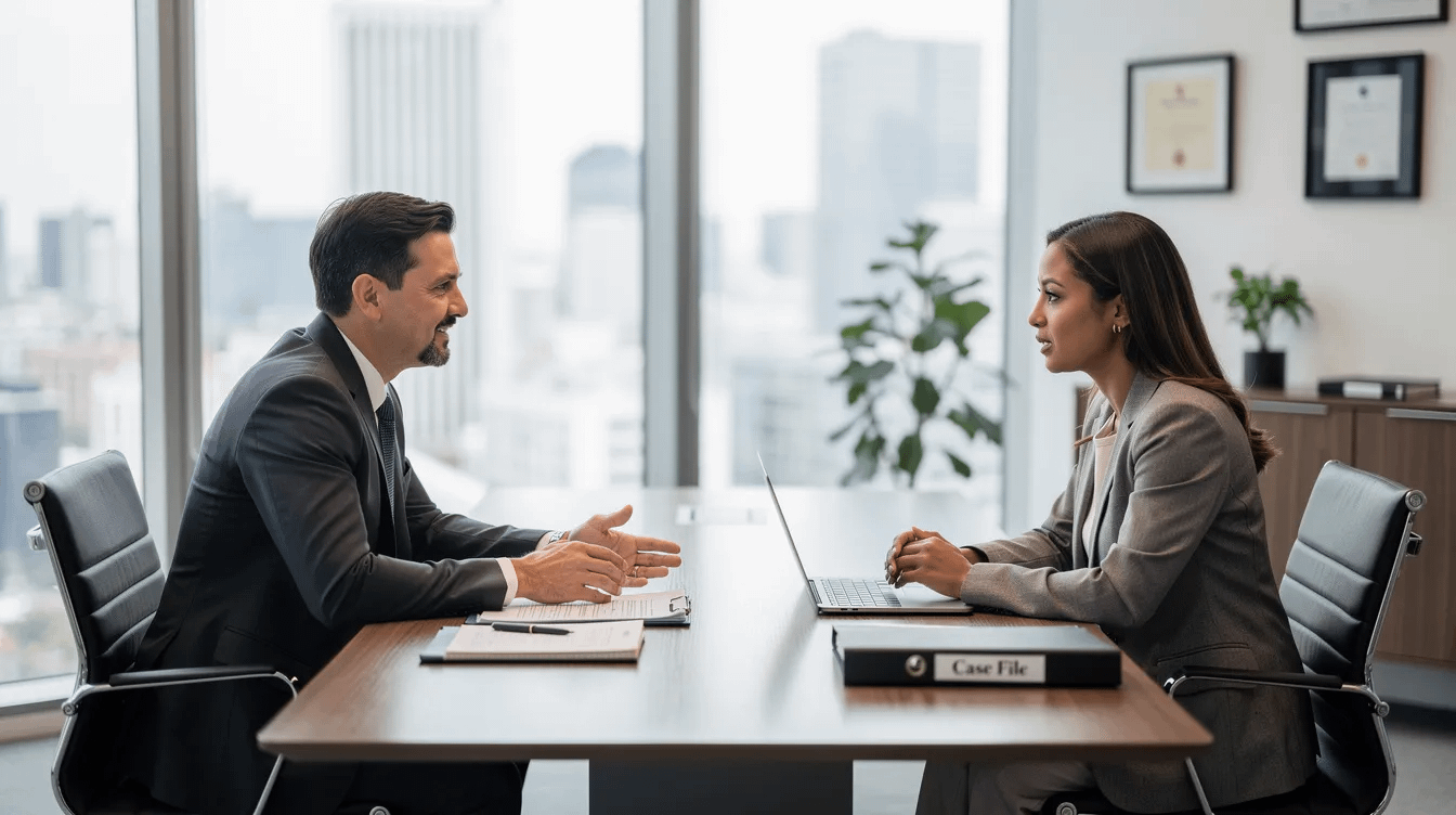 The image depicts a professional meeting between a family law attorney and a client in a modern office setting, highlighting discussions about spousal support and child custody matters. The attorney, a certified family law specialist, is attentively listening to the client's concerns, emphasizing the importance of legal strategy in navigating family law issues in Costa Mesa.