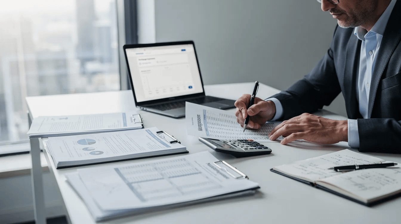 The image shows a professional sitting at a desk, meticulously reviewing financial documents and mortgage paperwork, which may include details about property division and marital assets. This scene reflects the careful attention required in family law matters, particularly in divorce cases where community property and personal property need to be assessed.