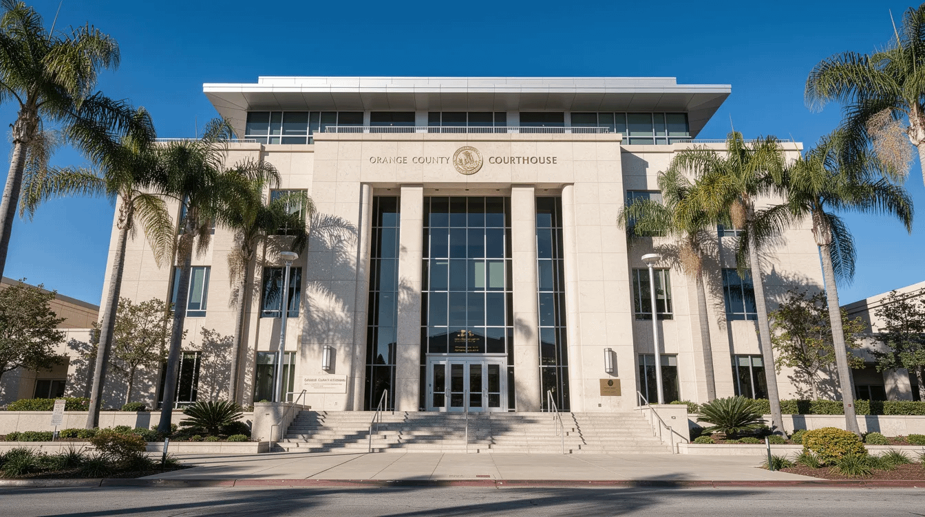 The image depicts the exterior of the Orange County courthouse, surrounded by tall palm trees against a clear blue sky, symbolizing the legal community in Santa Ana, California. This courthouse serves as a vital location for various family law matters, including prenuptial agreements, child custody, and divorce cases.