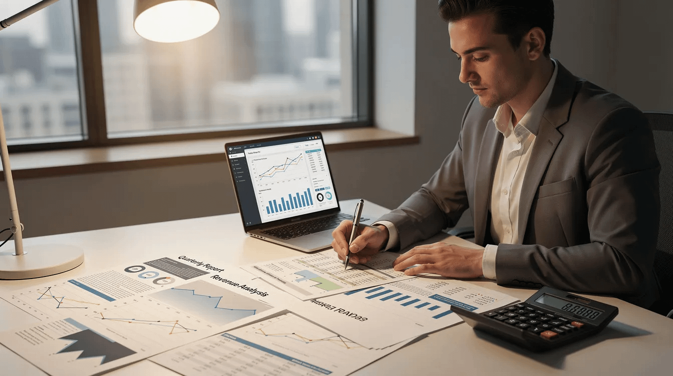 A professional is seated at a desk, intently reviewing complex financial documents, with a calculator and laptop in front of them, indicating a focus on property division and uncovering hidden assets in high net worth divorce cases. The scene captures the meticulous nature of financial disclosure and the importance of accurately valuing marital assets during the divorce process.