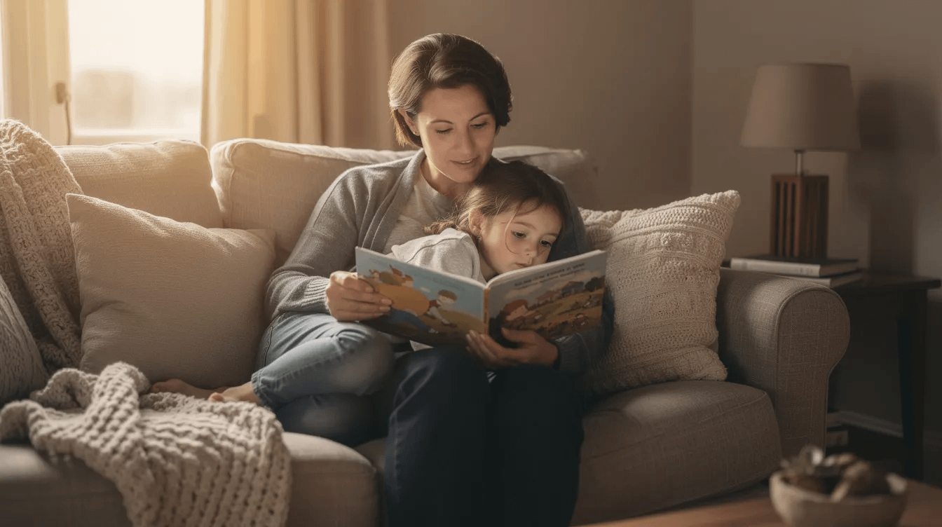 A parent and a young child are cozily seated on a comfortable couch, sharing a storybook together, fostering a warm and loving atmosphere. This scene captures the essence of family bonding, highlighting the importance of nurturing relationships amidst family law matters, such as child custody and support.