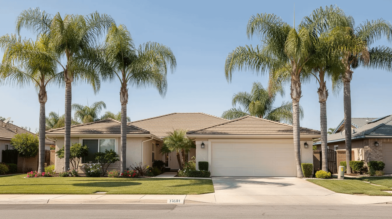 The image depicts a charming suburban California home surrounded by lush palm trees in the front yard, typical of the Tustin community. This serene setting may evoke thoughts of family law matters, including property division and asset valuation, relevant to those navigating divorce proceedings in California.