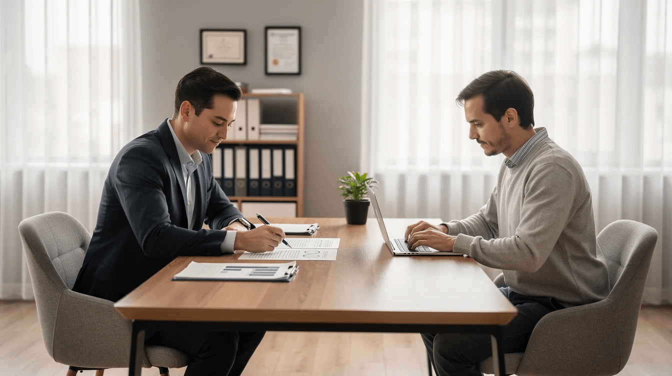 The image depicts a professional office consultation room where a family law attorney and a client are engaged in reviewing important documents related to family law matters. This setting emphasizes the importance of legal guidance in navigating divorce and custody issues with an experienced attorney in Irvine, CA.