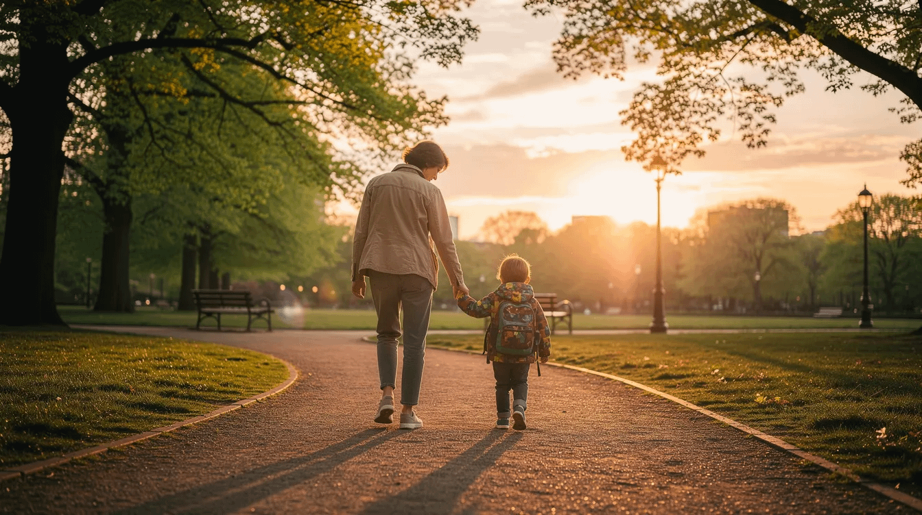 A parent is walking hand-in-hand with a child in a park during sunset, surrounded by lush greenery and soft golden light. This serene moment captures the essence of family and the importance of nurturing relationships, reflecting the legal support needed in family law matters such as child custody and paternity issues.