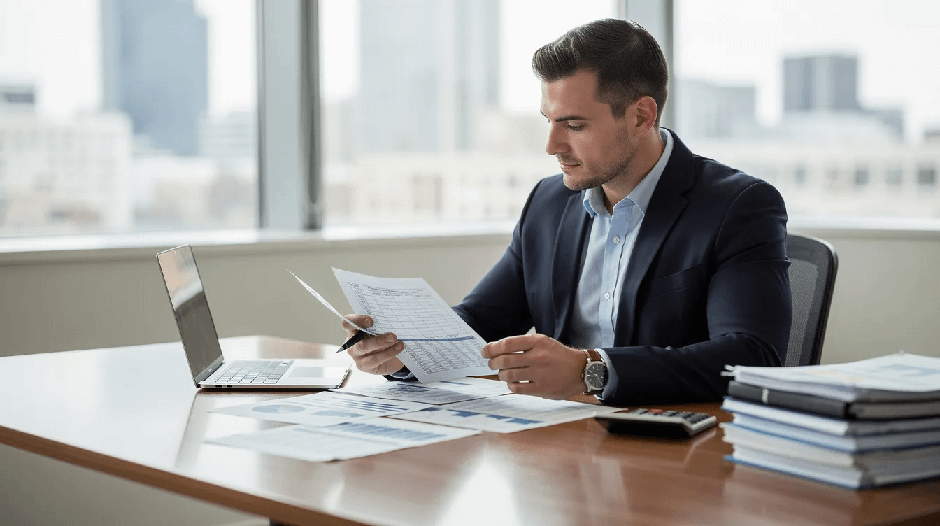 A business professional sits at a desk, intently reviewing financial documents related to family law matters, likely involving spousal support or child custody issues. The setting suggests a law office atmosphere, emphasizing the importance of legal strategy in navigating divorce proceedings and ensuring a favorable outcome for clients in Costa Mesa.