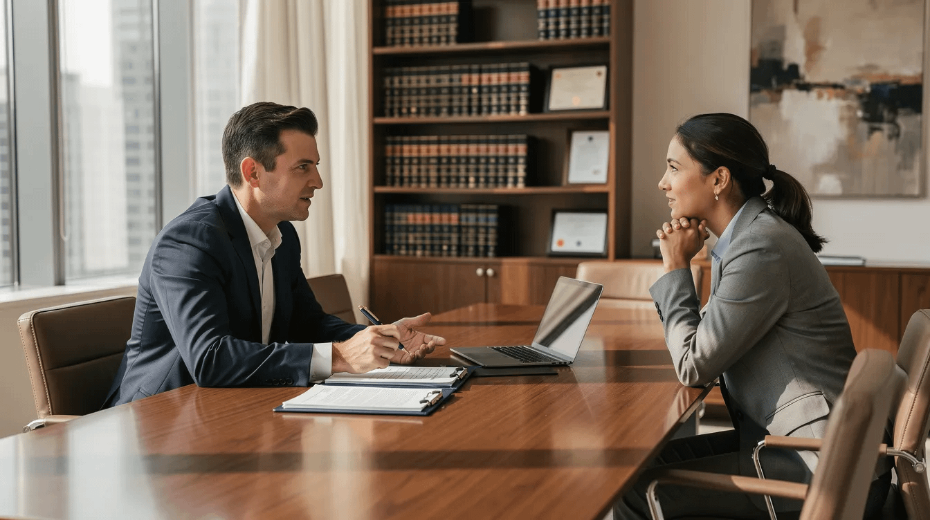 The image depicts a professional consultation between an experienced domestic violence attorney and a client in a modern law office. The setting conveys a sense of trust and professionalism as they discuss legal matters related to domestic violence charges and the potential outcomes of the case.