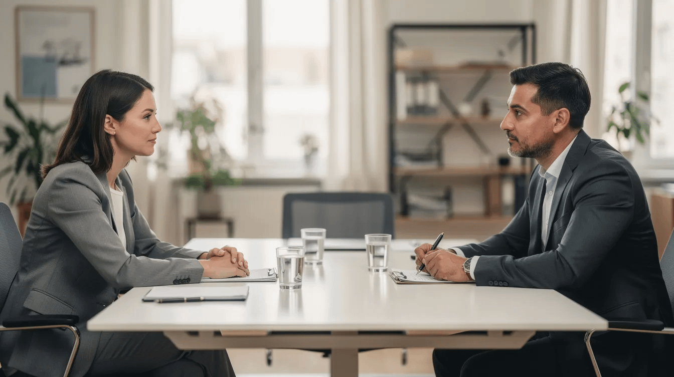 The image depicts two individuals engaged in a calm discussion across a table in a professional setting, likely addressing family law matters such as same sex divorce or child custody arrangements. This scene reflects a constructive dialogue between same sex couples navigating the complexities of the divorce process.