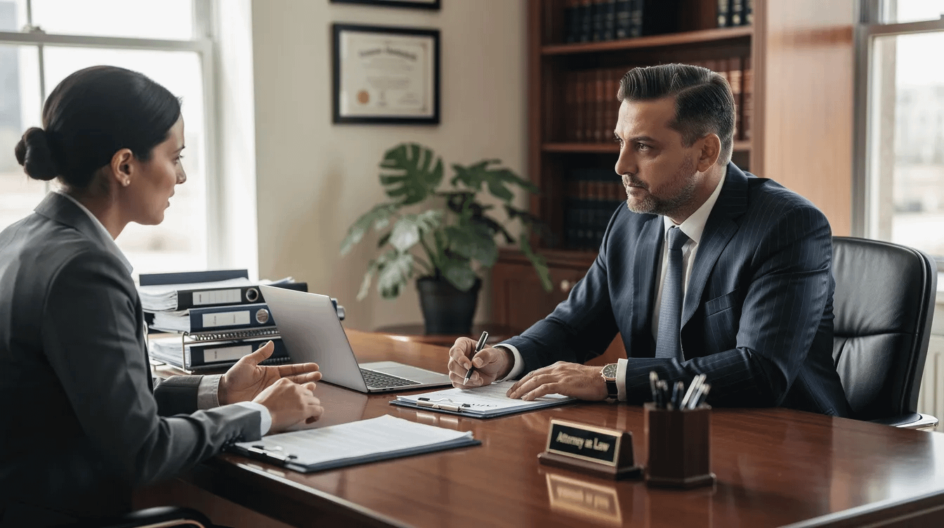 The image depicts a professional consultation between a knowledgeable domestic violence lawyer and a client, discussing family law matters and the legal options available for domestic violence cases. The setting is a law office, emphasizing the importance of legal representation for victims navigating the complexities of family law issues.