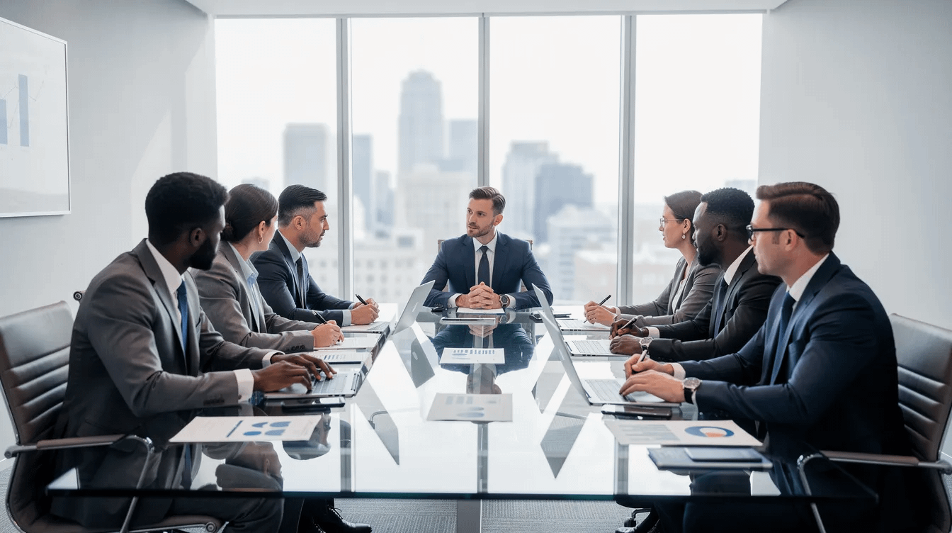 A group of business professionals is engaged in a negotiation meeting around a conference table, discussing various family law matters, including spousal support and child custody issues. The atmosphere is focused, reflecting the seriousness of the divorce process and the need for effective legal representation.
