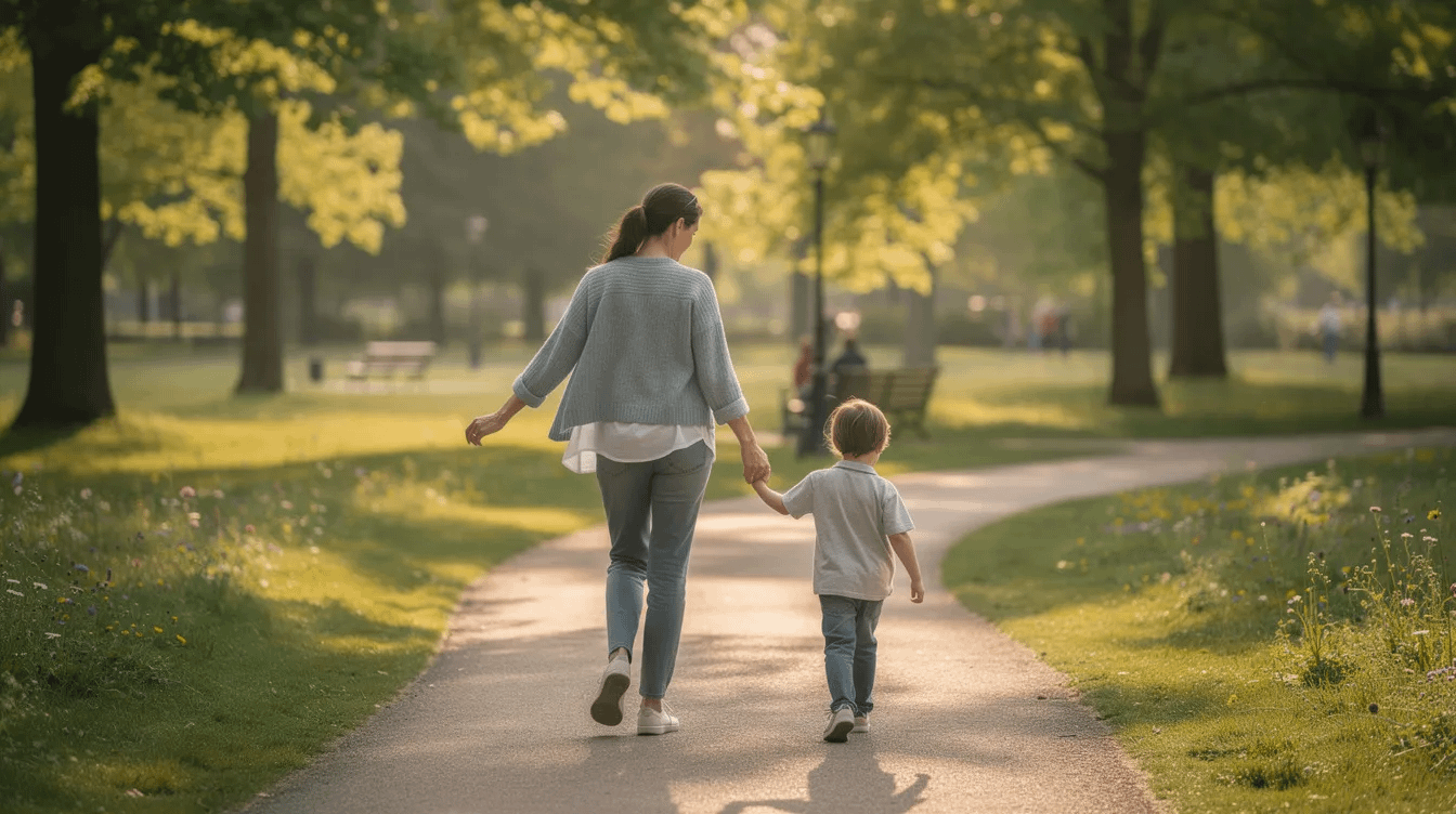 The image depicts a parent and child walking hand in hand through a lush park, surrounded by greenery and trees, symbolizing a healthy relationship and quality time together. This scene reflects the importance of maintaining strong family bonds, which can be crucial in family law matters such as child custody and parenting schedules.